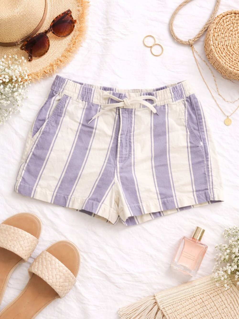 American Eagle Outfitters Lavender and Cream Striped Drawstring Shorts
